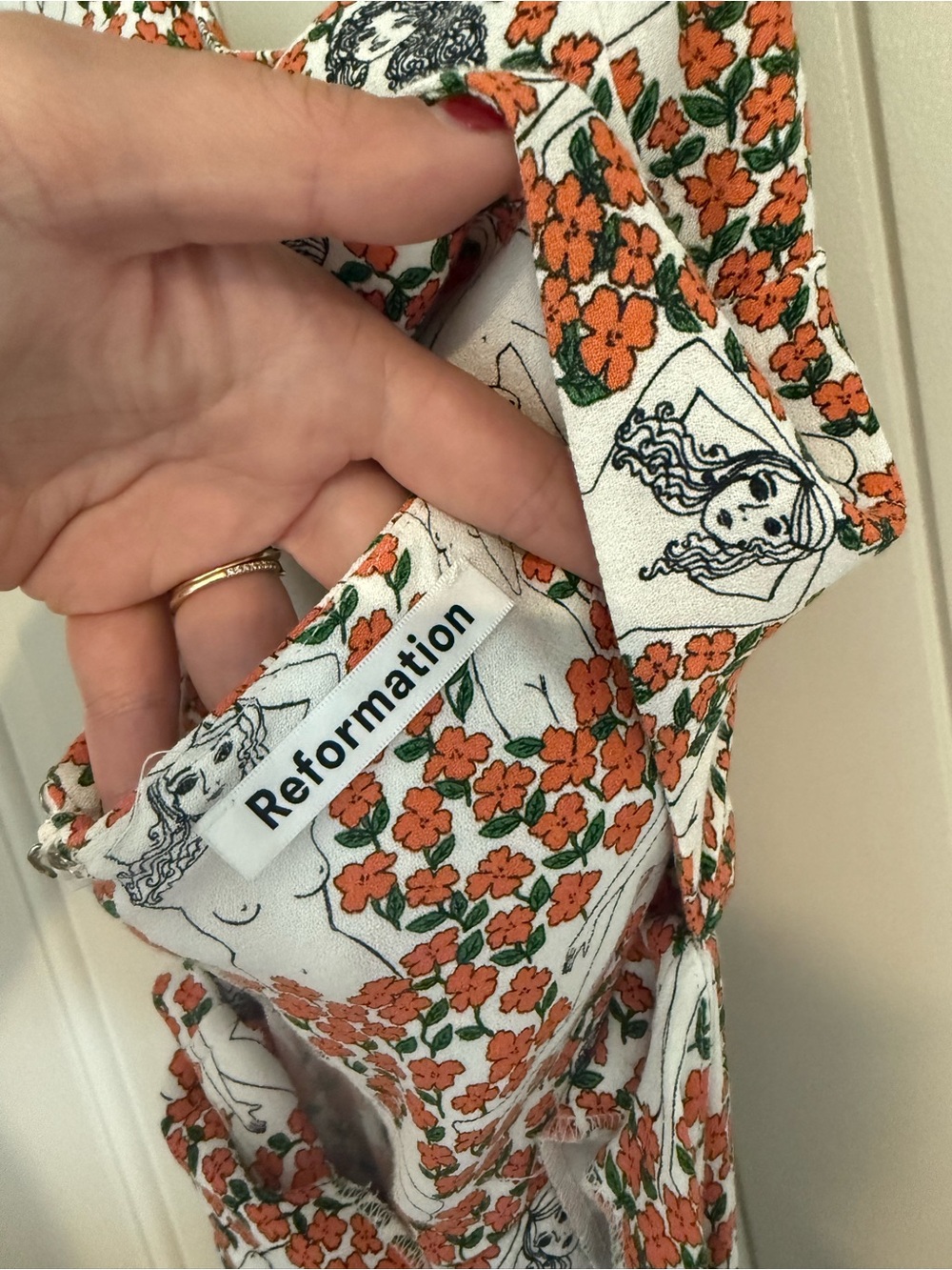 Reformation Cream Strapless Mini Dress with Orange Floral & Figure Print - Picture 2 of 5